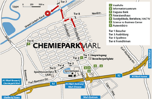 Karte des Chemiepark Marl mit Toren und Straßen